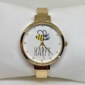 Women’s happy bee dial gold tone watch 38mm quartz analog cuff band 7” running